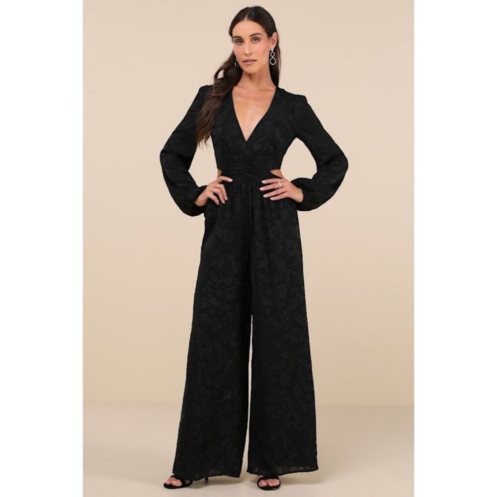 Lulus Ravishing Marvel Black Burnout Floral Cutout Wide-leg Jumpsuit - Size M